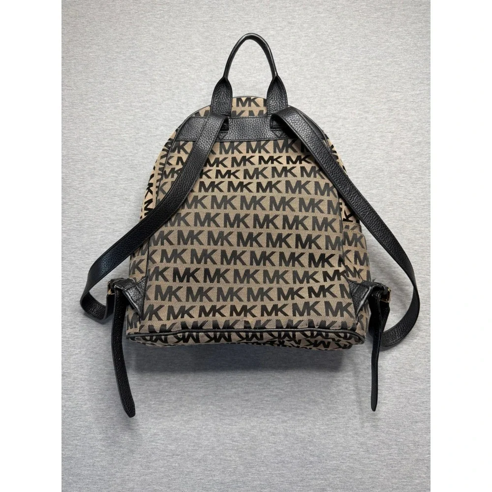 Michael Kors Abbey Medium Backpack Monogram Jacquard Beige Black Gold 35F7XAYB3J